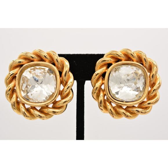 Givenchy Vintage Crystal Clip On Earrings Giant Chunky Heavy Huge Signed Bin8 - Picture 1 of 12